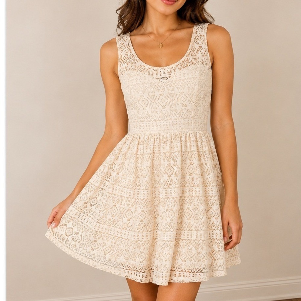 Cream Lace Sleeveless Fit and Flare‎ Dress Exposed Zipper Romantic Boho Women M